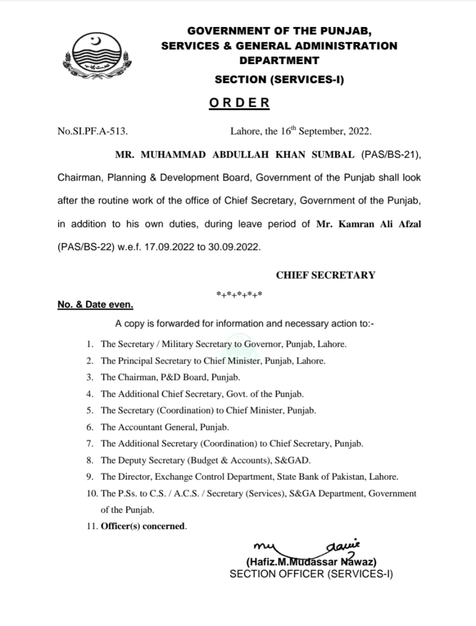 Chief Secretary Punjab Kamran Ali Afzal, Serrvice and General Administration Department, Punjab, Muhammad Abdullah Khan Sumbal, Chief Minister Parvez Elahi