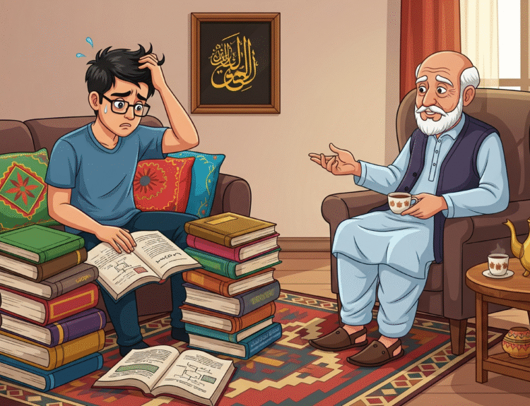 Satirical illustration of a Pakistani grandfather humorously cross-examining his law student grandson over procrastination, using legal jargon like Res Ipsa Loquitur, promissory estoppel, actus reus, mens rea, and force majeure, while unopened law books and a cup of chai highlight the courtroom-style family banter.