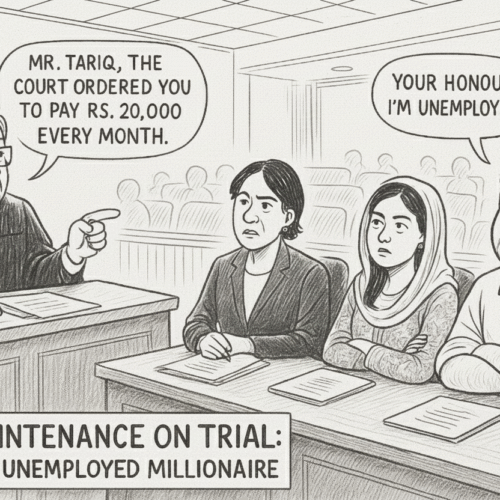 family court, judge, courtroom drama, maintenance case, husband and wife dispute, legal satire, unpaid maintenance, unemployed millionaire, Centaurus Mall reference, dining habits, inflation humor, cross-examination, lawyer arguments, car rental business, imported sneakers, smartwatch, VIP cinema tickets, family loyalty excuse, Adiala Jail warning, fictional courtroom sketch, humorous legal drama, satire disclaimer