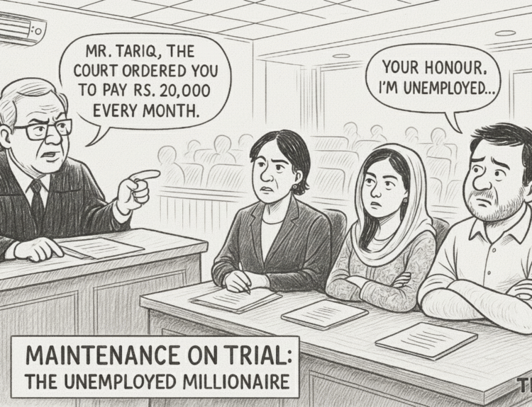 family court, judge, courtroom drama, maintenance case, husband and wife dispute, legal satire, unpaid maintenance, unemployed millionaire, Centaurus Mall reference, dining habits, inflation humor, cross-examination, lawyer arguments, car rental business, imported sneakers, smartwatch, VIP cinema tickets, family loyalty excuse, Adiala Jail warning, fictional courtroom sketch, humorous legal drama, satire disclaimer