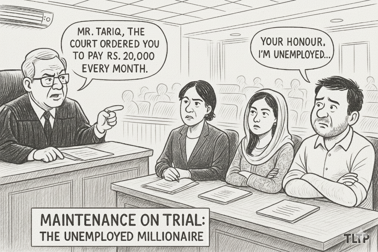 family court, judge, courtroom drama, maintenance case, husband and wife dispute, legal satire, unpaid maintenance, unemployed millionaire, Centaurus Mall reference, dining habits, inflation humor, cross-examination, lawyer arguments, car rental business, imported sneakers, smartwatch, VIP cinema tickets, family loyalty excuse, Adiala Jail warning, fictional courtroom sketch, humorous legal drama, satire disclaimer