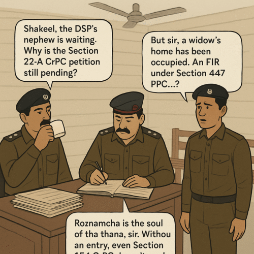 Punjab rural police station, SHO with chai cup, Mohrar with Register No. 2, Constable Shakeel, police registers satire, police procedural delays, Section 22-A CrPC, Register No. 4 cattle theft, Roznamcha diary, Police Rule 22.45, rural justice system, FIR delay, CrPC satire, buffalo theft cases, Register No. 19 applications received, Register No. 12 bad characters, Register No. 25 standing orders, Mohrar power outage, police station emergency light, chai culture in Thana, satire on police bureaucracy, evidence collection failure, criminal justice satire, Pakistan police registers, Thana procedural flaws, satire for legal awareness, Mohrar gatekeeping, SHO WhatsApp pressure, police investigation satire.