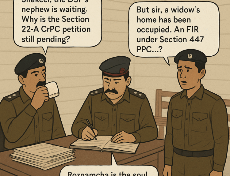 Punjab rural police station, SHO with chai cup, Mohrar with Register No. 2, Constable Shakeel, police registers satire, police procedural delays, Section 22-A CrPC, Register No. 4 cattle theft, Roznamcha diary, Police Rule 22.45, rural justice system, FIR delay, CrPC satire, buffalo theft cases, Register No. 19 applications received, Register No. 12 bad characters, Register No. 25 standing orders, Mohrar power outage, police station emergency light, chai culture in Thana, satire on police bureaucracy, evidence collection failure, criminal justice satire, Pakistan police registers, Thana procedural flaws, satire for legal awareness, Mohrar gatekeeping, SHO WhatsApp pressure, police investigation satire.