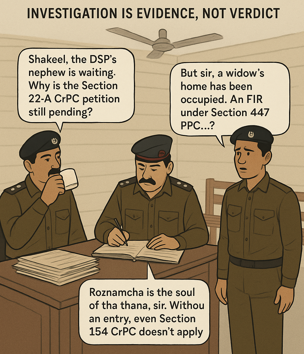 Punjab rural police station, SHO with chai cup, Mohrar with Register No. 2, Constable Shakeel, police registers satire, police procedural delays, Section 22-A CrPC, Register No. 4 cattle theft, Roznamcha diary, Police Rule 22.45, rural justice system, FIR delay, CrPC satire, buffalo theft cases, Register No. 19 applications received, Register No. 12 bad characters, Register No. 25 standing orders, Mohrar power outage, police station emergency light, chai culture in Thana, satire on police bureaucracy, evidence collection failure, criminal justice satire, Pakistan police registers, Thana procedural flaws, satire for legal awareness, Mohrar gatekeeping, SHO WhatsApp pressure, police investigation satire.