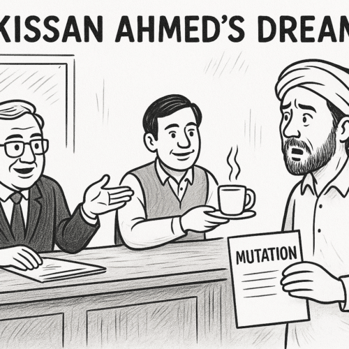 Kissan Ahmed’s Dream, Pakistan satire, Tehsil office bureaucracy, chai paani culture, land mutation satire, Pakistani farmer dream, corruption in offices, Roshan Pakistan, revenue clerk satire, Kanungo and Tehsildar, Pakistani governance humor, system reform satire, land records Pakistan, chai negotiation bureaucracy, satire on government offices