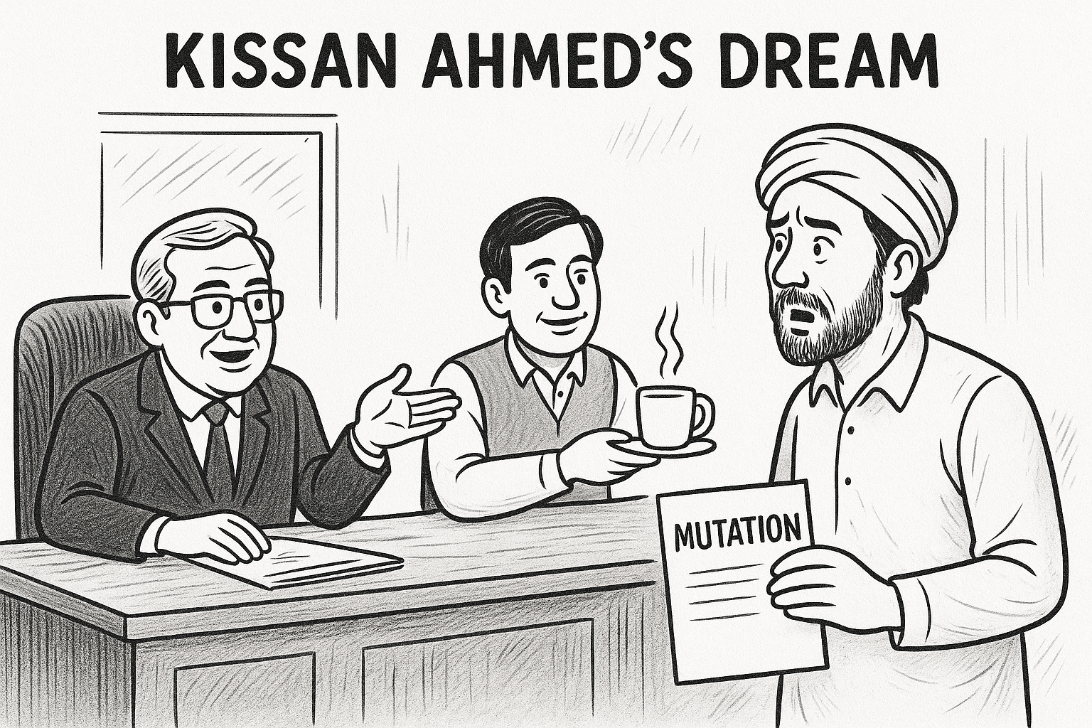 Kissan Ahmed’s Dream, Pakistan satire, Tehsil office bureaucracy, chai paani culture, land mutation satire, Pakistani farmer dream, corruption in offices, Roshan Pakistan, revenue clerk satire, Kanungo and Tehsildar, Pakistani governance humor, system reform satire, land records Pakistan, chai negotiation bureaucracy, satire on government offices