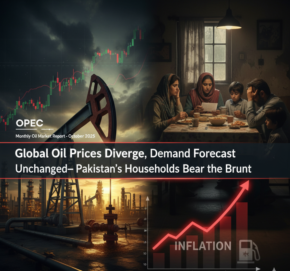 Oil price divergence, OPEC report, Brent crude, WTI crude, global demand forecast, oil supply outlook, Pakistan inflation, imported fuel costs, economic crisis, rising commodities, backwardation, OECD inventories, refinery margins, VLCC tanker rates, Middle East oil exports