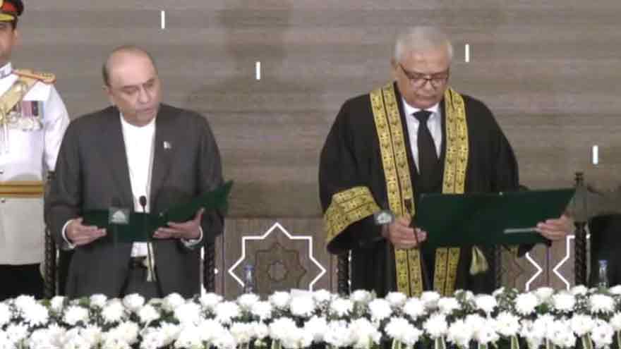 Justice Aminuddin Khan, oath-taking ceremony, Federal Constitutional Court (FCC), Chief Justice, President Asif Ali Zardari, administer oath, President's House, Islamabad, 27th Constitutional Amendment, Pakistan judiciary, Prime Minister Shehbaz Sharif, Field Marshal Asim Munir, Chief of Army Staff, dignitaries