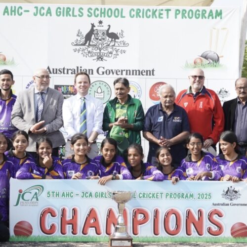 Australian High Commission, girls' cricket, Jalaluddin Cricket Academy, Karachi, female empowerment, sports event, cricket tournament, coaching clinic, Pakistan cricket legends, Mushtaq Mohammad, Kainat Imtiaz, Timothy Kane, girls playing cricket, sports mentorship, gender equality through sport, AHC-JCA Cup