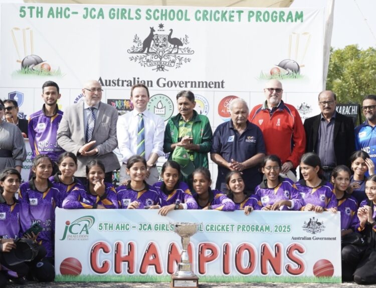 Australian High Commission, girls' cricket, Jalaluddin Cricket Academy, Karachi, female empowerment, sports event, cricket tournament, coaching clinic, Pakistan cricket legends, Mushtaq Mohammad, Kainat Imtiaz, Timothy Kane, girls playing cricket, sports mentorship, gender equality through sport, AHC-JCA Cup