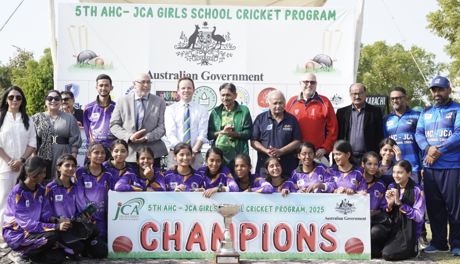 Australian High Commission, girls' cricket, Jalaluddin Cricket Academy, Karachi, female empowerment, sports event, cricket tournament, coaching clinic, Pakistan cricket legends, Mushtaq Mohammad, Kainat Imtiaz, Timothy Kane, girls playing cricket, sports mentorship, gender equality through sport, AHC-JCA Cup