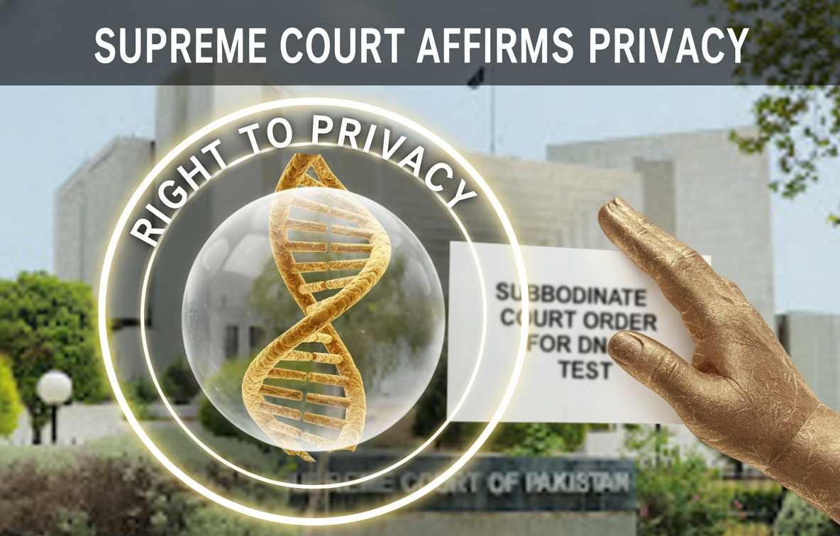 Supreme Court of Pakistan, right to privacy, DNA test ruling, parentage confirmation, paternity dispute Pakistan, Article 14 Constitution of Pakistan, Article 9 Right to Liberty, human dignity, judicial system Pakistan, Khalid Hameed case, fundamental rights, personal autonomy, bodily integrity, unauthorized medical procedures, sanctity of family life, due process, legal justification for DNA test, inheritance dispute law, Anti-Corruption Court Pakpattan, Lahore High Court revision petition, Justice Muhammad Hashim Khan Kakar, ocietal embarrassment, psychological stigma, privacy rights, protection of women's reputation, moral integrity of the mother, genetic blueprint security, personal data protection, surveillance and disclosure, individual self-determination, Supreme Court ruling on DNA testing without consent, right to privacy under Article 14 Pakistan, legal protection against paternity challenges, impact of mandatory DNA tests on dignity, protection of genetic information in Pakistan law.
