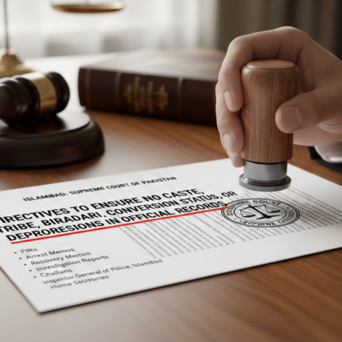 Supreme Court of Pakistan, Justice Muhammad Hashim Khan Kakar, Human Dignity Article 14, Caste discrimination in FIRs, Police reform Pakistan, Anti-discrimination judgment, Islamabad High Court directives, Inspector General of Police directives, Removal of caste from official records, Judicial reform Pakistan 2026, Khudayar Mohla,Police challan reforms, arrest memo guidelines, recovery memo protocols, investigation report standards, Muhammad Qasim Najam law clerk, Tayyabba Munir law clerk, 6-page verdict Supreme Court, Inalienable right to dignity, UDHR Article 1 and 7, ICCPR equality before law, ICESCR social origin discrimination, dehumanization of sanitation workers, Universal Declaration of Human Rights Pakistan. Social Reform: End of derogatory terms in police records, Nau Muslim Sheikh terminology, Bhangi and Chura derogatory remarks, Biradari system in legal documents, conversion status in official records.