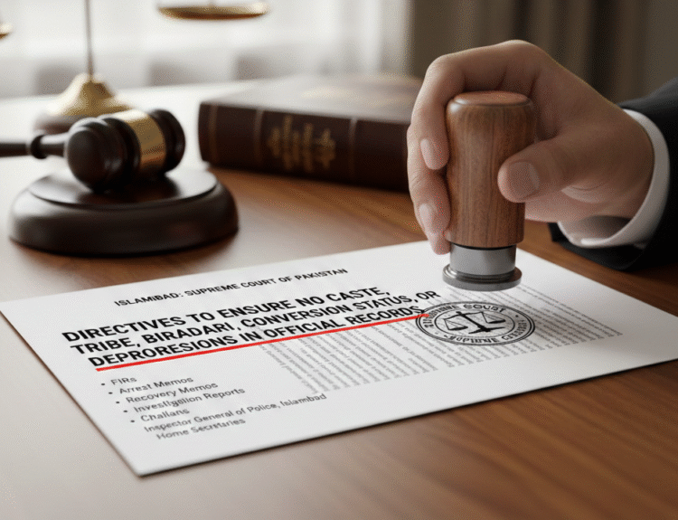 Supreme Court of Pakistan, Justice Muhammad Hashim Khan Kakar, Human Dignity Article 14, Caste discrimination in FIRs, Police reform Pakistan, Anti-discrimination judgment, Islamabad High Court directives, Inspector General of Police directives, Removal of caste from official records, Judicial reform Pakistan 2026, Khudayar Mohla,Police challan reforms, arrest memo guidelines, recovery memo protocols, investigation report standards, Muhammad Qasim Najam law clerk, Tayyabba Munir law clerk, 6-page verdict Supreme Court, Inalienable right to dignity, UDHR Article 1 and 7, ICCPR equality before law, ICESCR social origin discrimination, dehumanization of sanitation workers, Universal Declaration of Human Rights Pakistan. Social Reform: End of derogatory terms in police records, Nau Muslim Sheikh terminology, Bhangi and Chura derogatory remarks, Biradari system in legal documents, conversion status in official records.