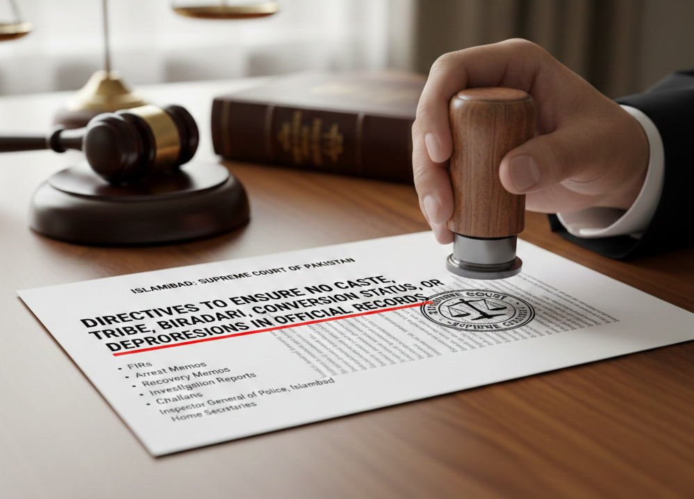 Supreme Court of Pakistan, Justice Muhammad Hashim Khan Kakar, Human Dignity Article 14, Caste discrimination in FIRs, Police reform Pakistan, Anti-discrimination judgment, Islamabad High Court directives, Inspector General of Police directives, Removal of caste from official records, Judicial reform Pakistan 2026, Khudayar Mohla,Police challan reforms, arrest memo guidelines, recovery memo protocols, investigation report standards, Muhammad Qasim Najam law clerk, Tayyabba Munir law clerk, 6-page verdict Supreme Court, Inalienable right to dignity, UDHR Article 1 and 7, ICCPR equality before law, ICESCR social origin discrimination, dehumanization of sanitation workers, Universal Declaration of Human Rights Pakistan. Social Reform: End of derogatory terms in police records, Nau Muslim Sheikh terminology, Bhangi and Chura derogatory remarks, Biradari system in legal documents, conversion status in official records.