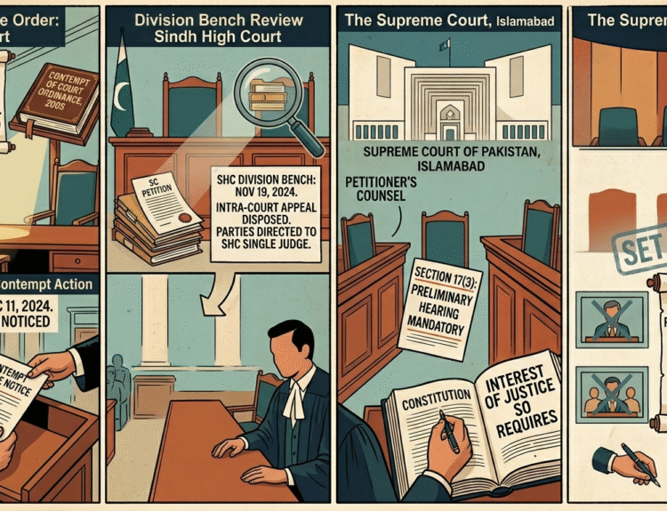 Khudayar Mohla, Supreme Court Pakistan, Sindh High Court contempt case, contempt of court Pakistan, preliminary hearing requirement, Article 204 Constitution Pakistan, Contempt of Court Ordinance 2003, Supreme Court verdict 2026, SHC orders set aside, Justice Muhammad Ali Mazhar, Justice Hasan Azhar Rizvi, Justice Aqeel Ahmed Abbasi, Hira Rauf case, Mushtaq Ahmed case Pakistan, procedural law Pakistan, prima facie case law, contempt proceedings Pakistan, judicial procedure Pakistan, intra court appeal Pakistan, legal lapses in court orders, due process in contempt cases, Pakistan judiciary news, Supreme Court rulings Pakistan, constitutional law Pakistan, legal rights of accused contemnor
