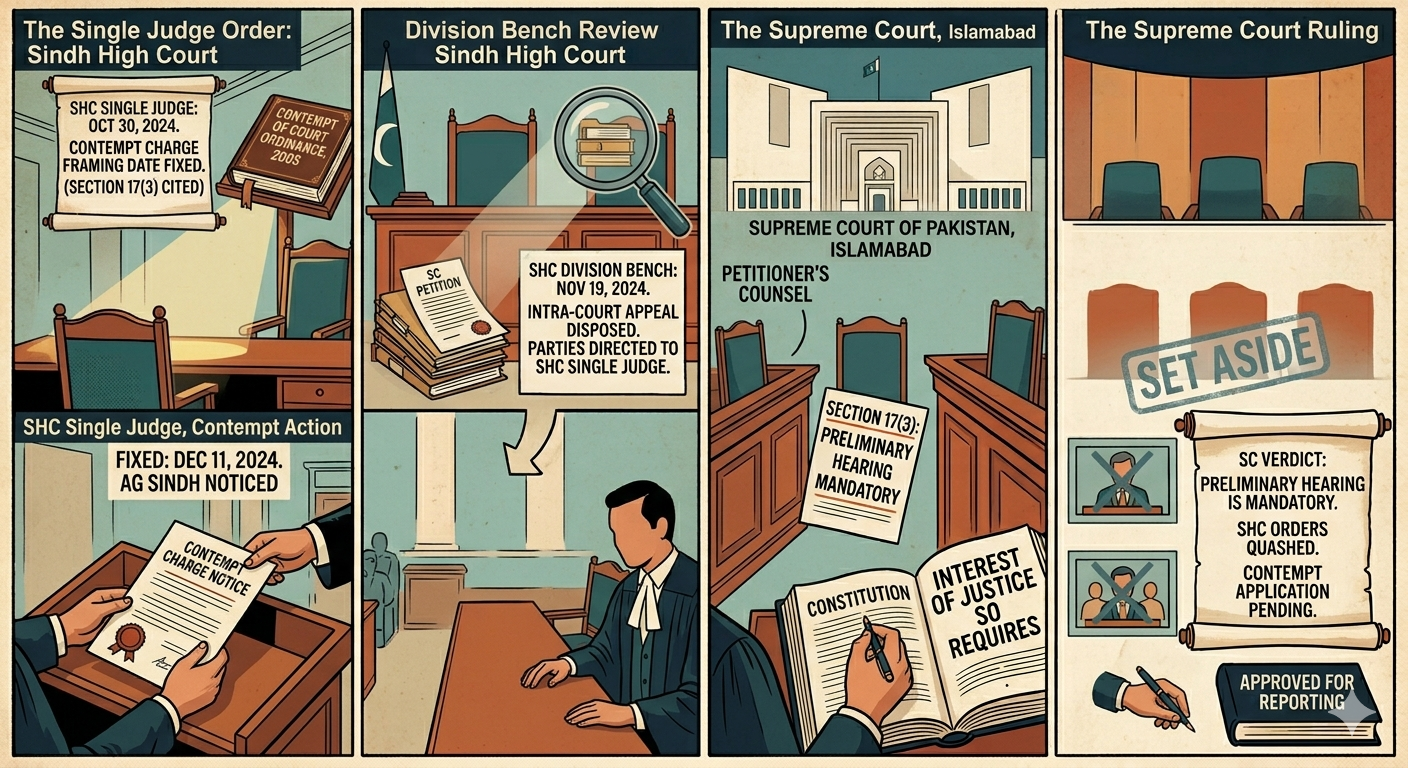 Khudayar Mohla, Supreme Court Pakistan, Sindh High Court contempt case, contempt of court Pakistan, preliminary hearing requirement, Article 204 Constitution Pakistan, Contempt of Court Ordinance 2003, Supreme Court verdict 2026, SHC orders set aside, Justice Muhammad Ali Mazhar, Justice Hasan Azhar Rizvi, Justice Aqeel Ahmed Abbasi, Hira Rauf case, Mushtaq Ahmed case Pakistan, procedural law Pakistan, prima facie case law, contempt proceedings Pakistan, judicial procedure Pakistan, intra court appeal Pakistan, legal lapses in court orders, due process in contempt cases, Pakistan judiciary news, Supreme Court rulings Pakistan, constitutional law Pakistan, legal rights of accused contemnor