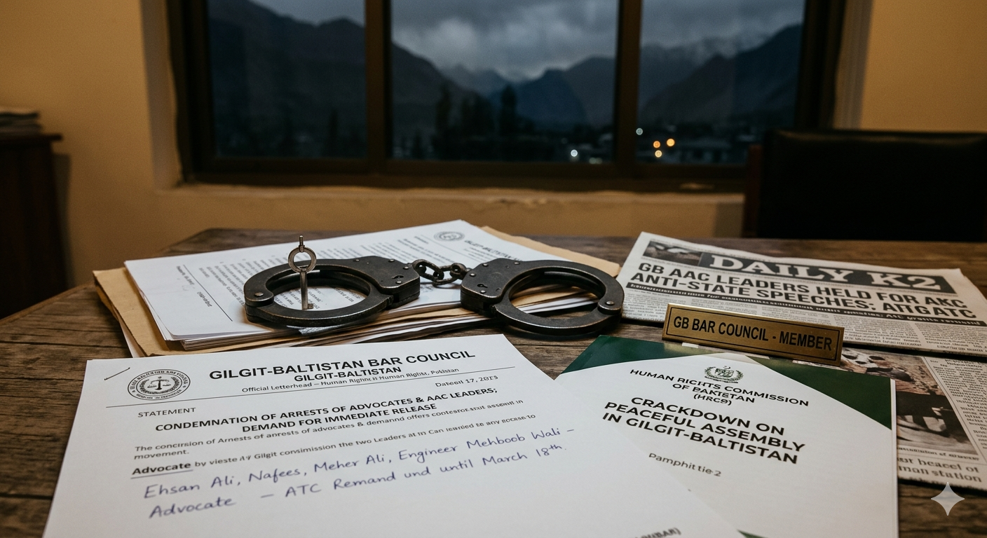 AAC Gilgit-Baltistan, GB Awami Action Committee, Advocate Ehsan Ali arrested, AAC leaders arrested, anti-state speeches Gilgit, Iftar party arrest Pakistan, Anti-Terrorism Act Pakistan, ATC remand Gilgit, Rehmat Shah ATC judge, PESCO load shedding, GB Bar Council statement, GB High Court Bar Association, HRCP condemnation, human rights Gilgit-Baltistan, Advocate Nafees arrested, Meher Ali arrested, Engineer Mehboob Wali, FIR anti-terrorism Gilgit, Jutial police station FIR, AAC protest Gilgit, political arrests Pakistan, civil liberties Gilgit-Baltistan, freedom of speech Pakistan, peaceful protest rights Pakistan, anti-terrorism law misuse, GB Supreme Appellate Court Bar Association, legal community Gilgit, rule of law Gilgit-Baltistan, political suppression Pakistan, AAC chairman arrested, Asghar Shah FIR, Masoodur Rehman FIR, Engineer Nadeem FIR, Skardu public outreach, due process Pakistan, fundamental rights Pakistan, political activity restrictions, civil society Gilgit-Baltistan, lawyers arrested Pakistan, advocate illegal detention, bar council demands release, HRCP Pakistan statement, Gilgit police raids, AAC leaders remand, anti-state protest FIR, constitutional rights Pakistan, political dissent Pakistan, GB politics, Gilgit-Baltistan news, Pakistan human rights, legal fraternity Pakistan, ATC physical remand, Khudayar Mohla