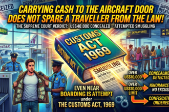 Illustration of Customs officer stopping traveller with concealed US$40,000 at airport, referencing Supreme Court's Customs Act 1969 ruling