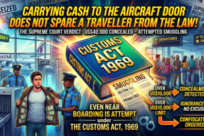 Illustration of Customs officer stopping traveller with concealed US$40,000 at airport, referencing Supreme Court's Customs Act 1969 ruling
