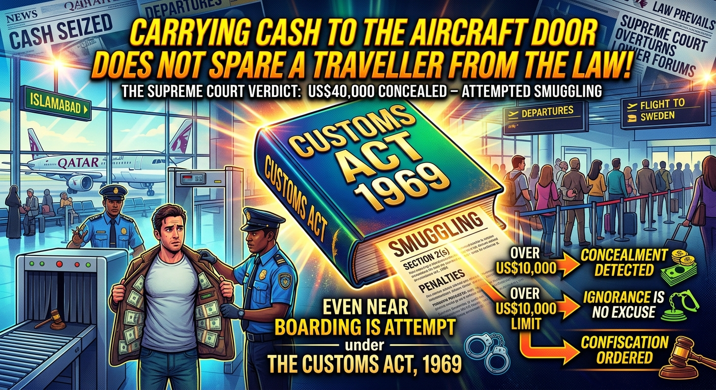 Illustration of Customs officer stopping traveller with concealed US$40,000 at airport, referencing Supreme Court's Customs Act 1969 ruling